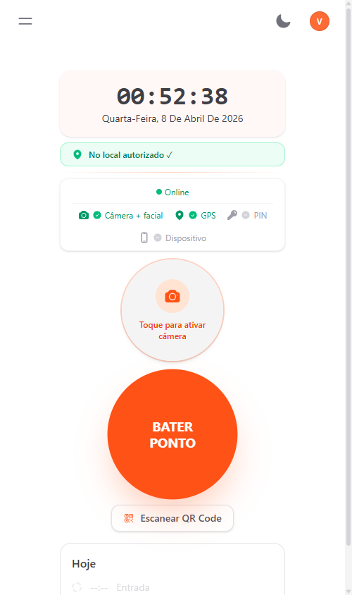 Tela mobile do Pontou mostrando o botão Bater Ponto com reconhecimento facial