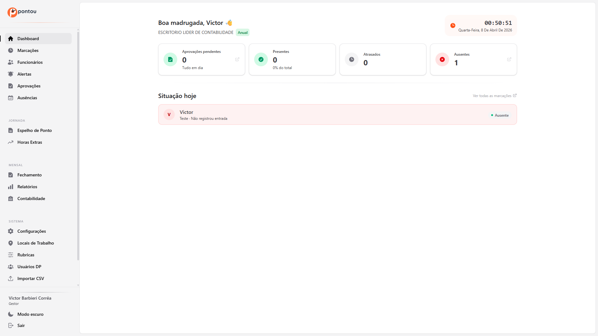 Dashboard do Pontou mostrando presentes, atrasados e o Semáforo CLT em tempo real
